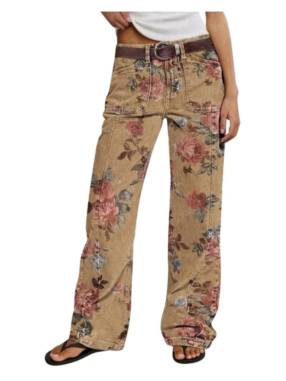 Flamingals Straight Leg Floral Print Pants for Women Trendy Denim Pants M